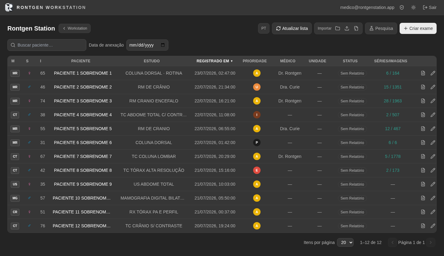 Lista de exames da Workstation do Rontgen Station